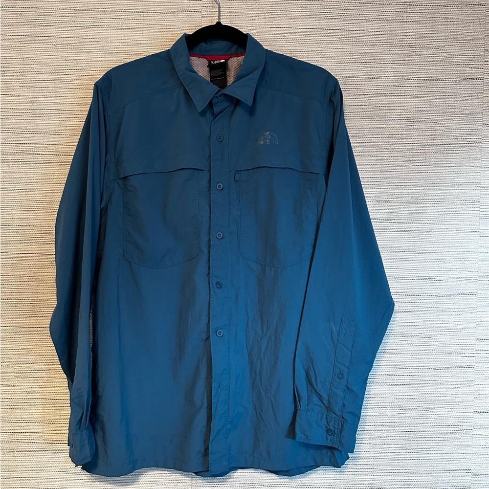 Mens The North Face Button up Long Sleeve size Medium M Teal polyester Nylon
